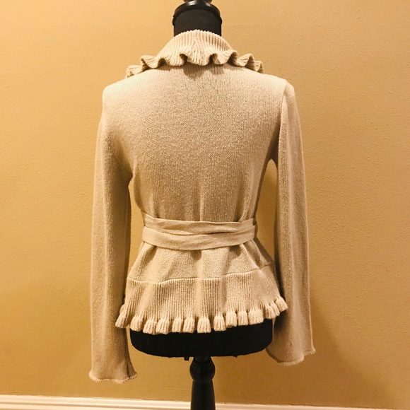 Wrap Cardigan Sweater Gray Tan Ruffle - Picture 3 of 3